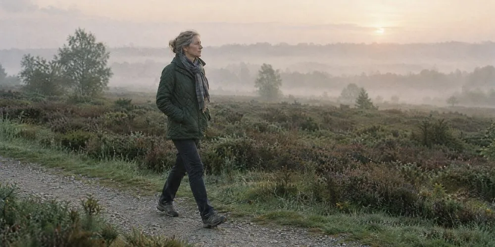 A woman in a green jacket walking alone on a misty heath at dawn