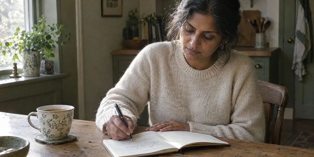 A woman writing in a notebook at a kitchen table in morning light