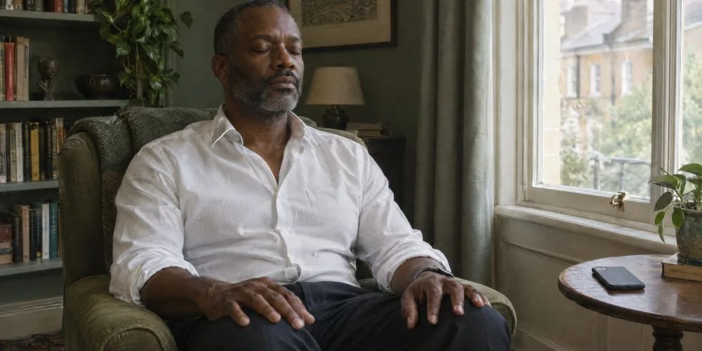 A man sitting quietly by a window with his eyes closed, his phone face down beside him