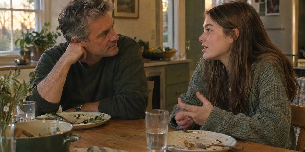 A father at the kitchen table listening closely to his teenage daughter